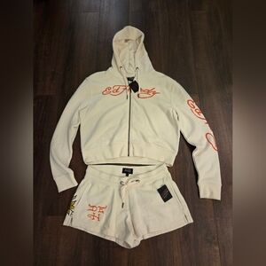 NWT Ed Hardy Cream Hoodie and Shorts with Orange Accents